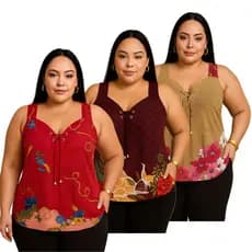Regata Feminina Alça Larga Plus  Malha Fria Blusa Liganete Estampada.