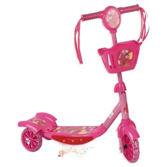 Patinete Infantil 3 Rodas com LED, Música, Cestinha – Regulável | Brinquedo Criança - Rosa