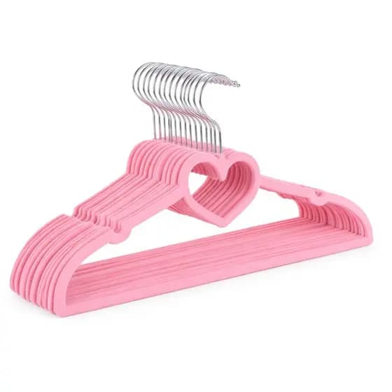 Kit 50 Cabide Infantil Veludo Slim Antideslizante Ultra Fino - Rosa Coração