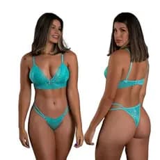 Conjunto Calcinha e Sutiã sem Bojo de Renda com Detalhes em Tiras