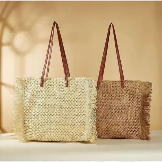 XY Bolsas.Bolsa Tote Palha Franja Verão