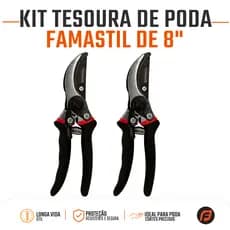 Tesoura de Poda Famastil 8" Aço Carbono Jardinagem Flores Galhos Horta Profissional Kit com 2