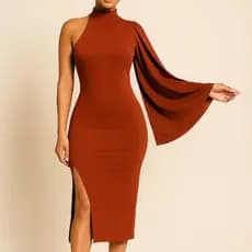 Vestido Feminino Nula Manga Comprida Fenda e Gola Alta Elegante