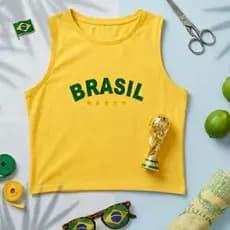 Cropped Brasil Feminino Amarelo Regata Torcida Copa do Mundo Look Torcedora Verão