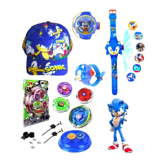 Kit Sonic Relógio Projetor 3d De Imagens Sonic + Beyblade Led + Boné Com Ajuste Sonic