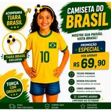 kit Blusa Infantil + Tiara Pompom Brasil Menina Copa Do Mundo