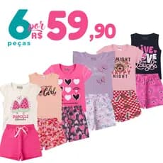 Kit 6 Peças de Roupas Infantil Menina Conjunto Verão Algodão