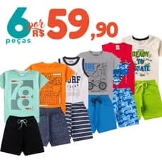 Kit 6 Peças Roupa Infantil Menino Conjunto Verão Algodão Camiseta e Bermuda 1 a 12 Anos