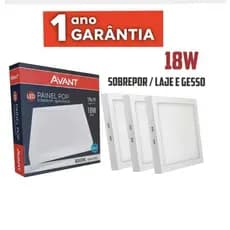 Kit 3 Luminárias Painel Plafon 19x19  Led 18W Quadrado Sobrepor Branco Frio 6500k Avant 01 Ano de Garantia