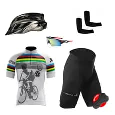 Kit Conjunto Ciclismo Camisa Proteção UV Bermuda C/ Forro + Capacete Ciclismo + Óculos + Manguito