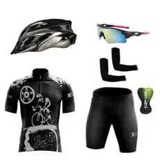 Conjunto Ciclismo Camisa C/ Proteção UV e Bermuda C/ Forro Interno + Capacete Ciclismo C/ Luz Led + Óculos + Manguitos