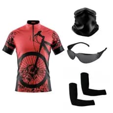 Camisa Ciclismo + Óculos de Proteção + Par de Manguitos Ciclismo + Bandana
