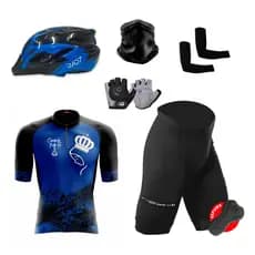 Kit Conjunto Ciclismo Camisa Proteção UV Bermuda C/ Forro + Capacete Ciclismo + Luva + Manguito + Bandana