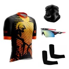 Camisa Ciclismo C/ Proteção UV + Óculos Esportivo Ciclismo + Par de Manguitos + Bandana