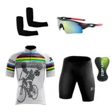 Conjunto Ciclismo Camisa e Bermuda + Óculos de Proteção + Par de Manguito - Kit Ciclismo Diversos Modelos