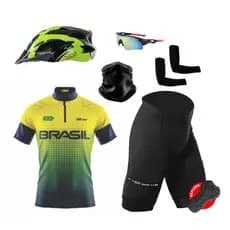 Kit Conjunto Ciclismo Camisa Proteção UV Bermuda C/ Forro + Capaete Ciclismo + Óculos + Manguito + Bandana