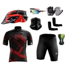 Conjunto Ciclismo Camisa Proteção UV e Bermuda + Capacete Ciclismo + Luvas + Manguitos + Bandana