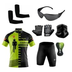 Conjunto Roupa Ciclismo Camisa e Bermuda + Par de Luvas + Óculos de Ciclismo + Par de Manguitos + Bandana