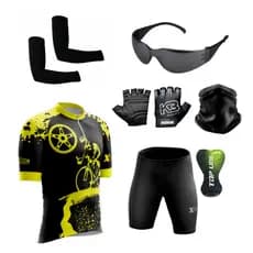 Conjunto Uniforme Ciclismo Camisa e Bermuda + Par de Luvas Ciclismo + Óculos de Proteção + Par de Manguitos + Bandana