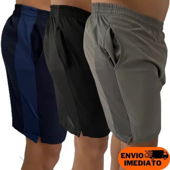 3 Bermudas Masculina Academia Kit Short Tactel Elastano com Dry Fit Moda Fitness