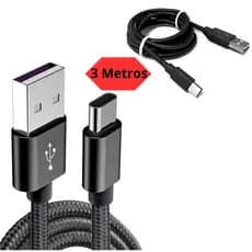 Cabo Turbo Tipo C 3 Metros A15 S24 S25 Xiaomi 12 Lite Redmi Note 12 Cabo Carregador Android Cabo 3 Metros Turbo Tipo C