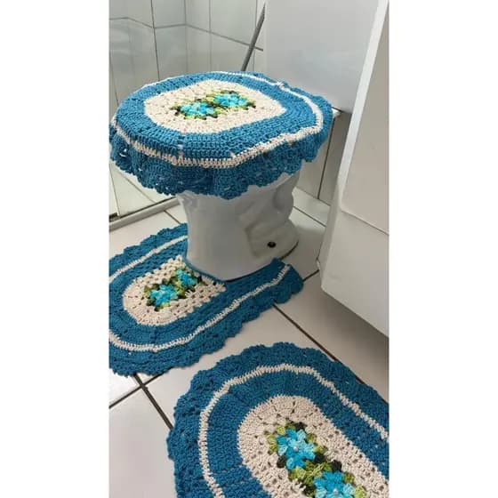 Jogo de Banheiro, Tapete Em Crochê com 3 Peças, Feito a Mão Artesanal Decoração de Casa