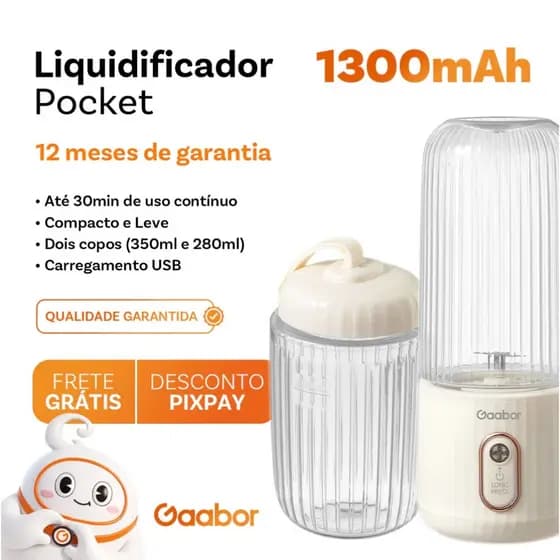 Liquidificador Portátil Gaabor Pocket USB 350ml e 280ml Recarregável com 4 Lâminas Inox Bivolt Branco