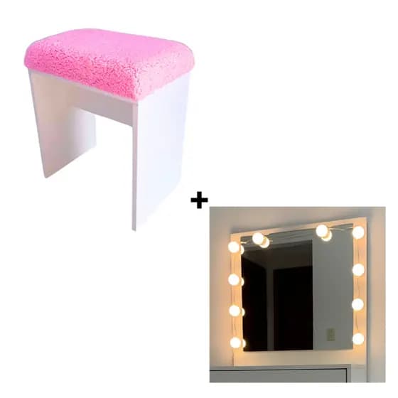 Banco Pelúciado Rosa e LED Camarim para Penteadeira Helo