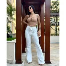 A) Calça Flare Feminina Slim Cintura Alta Malha Viscose Cordão Regulável Modela Conforto Dia a Dia