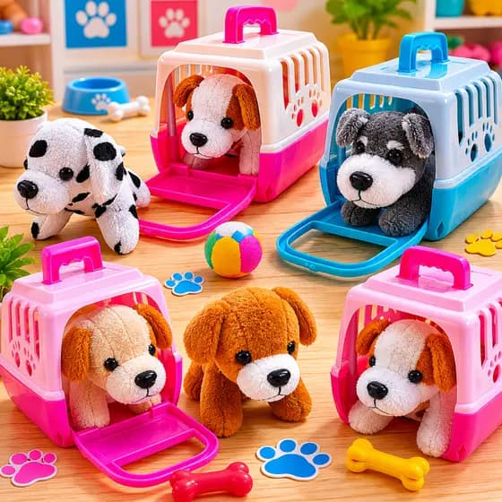 cachorro e gatinho de pelucia olhos brilhantes + casinha