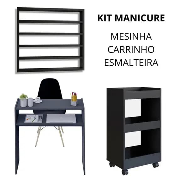 Kit Manicure Nails Designer Unhas Mesa + Expositor + Carrinho Auxiliar Multiuso