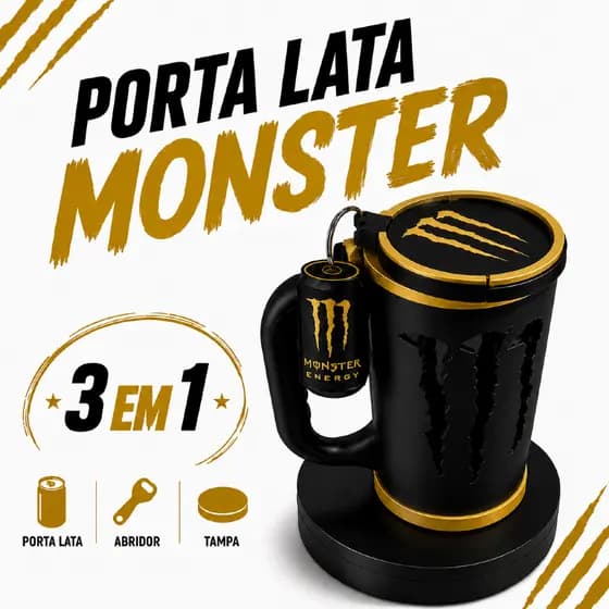 Kit Porta Lata Monster Energy 3 em 1 com Tampa Protetora + Abridor Chaveiro