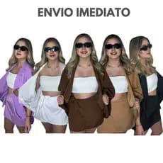 Conjunto Kimono Short Saia e Kimono Duas Peças Moda Praia Liso Azul Azul Marrom Lilas Preto