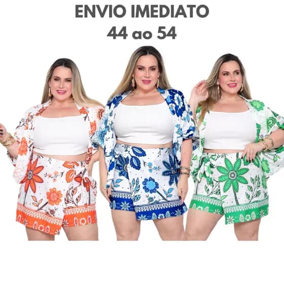 Conjunto Kimono Short Saia Plus Size e Kimono Duas Peças Moda Praia Quimono Estampado e Liso Azul Verde Laranja G1 G2 G3