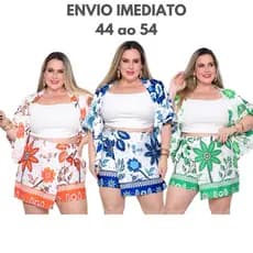 Conjunto Kimono Short Saia Plus Size e Kimono Duas Peças Moda Praia Quimono Estampado e Liso Azul Verde Laranja G1 G2 G3
