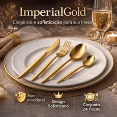 Conjunto Talheres Dourados 24 Peças Aço Inox Luxo Mesa Posta Elegante