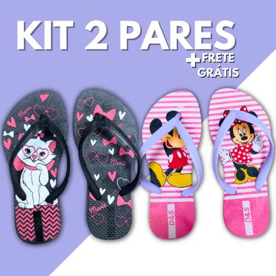 Kit 2 Pares Chinelo Sandalia Feminino Infantil Menina Criança Slim Personagem Confortável Kids Macio Leve