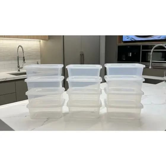 Jogo 12 Potes Plásticos Transparentes com Tampa, 4 Potes de 1540 ML e 8 Potes 1140 ML.