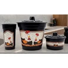 Kit Pia Cozinha 3 Peças Plástico Preto Decoupage - Porta Detergente Sabão E Lixeira
