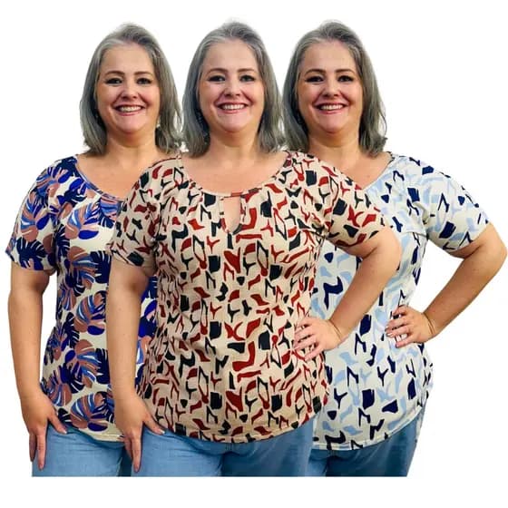 Kit 3 Blusas Batas Plus Size Estampadas Manga Japonesa Moda Confortavel