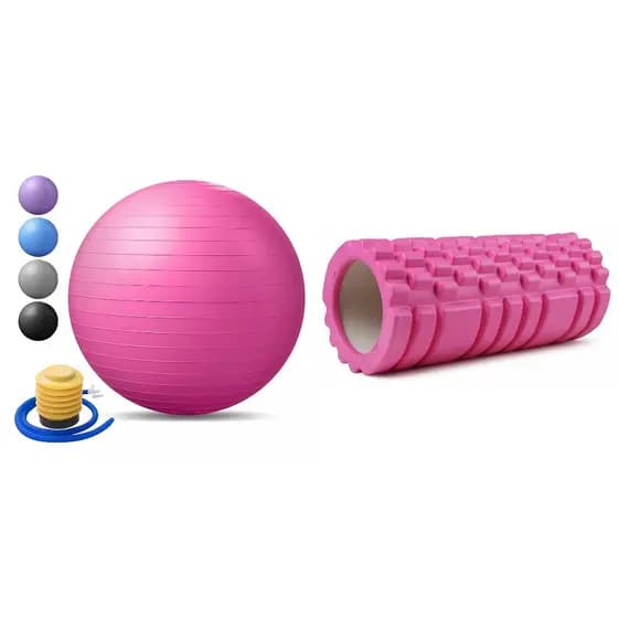 Kit Bola pilates yoga 65cm com Bomba + Rolo de Massagem Foam Roller Fisioterapia - Rosa