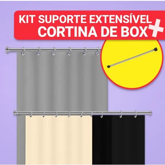 Cortina Box Lisa em PVC + Suporte de Cortina Para Banheiro Anti Mofo Com Ganchos Varias Cores