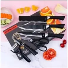 Kit de Facas Antiaderente 6 Peças Preto | Cozinha Profissional Inox com Tesoura e Descascador
