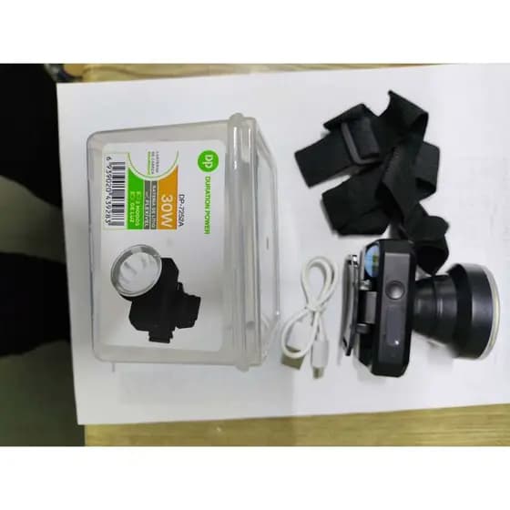 Lanterna de Cabeça LED 30W Recarregável com Faixa Ajustável + Cabo Type-C + Manual de Instruções