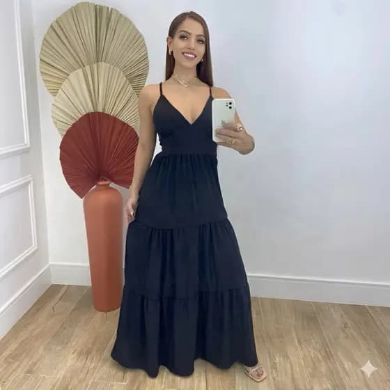 Vestido longo  três maria com bojo  Duna  babado Feminino  -Elegância, leveza e caimento perfeito