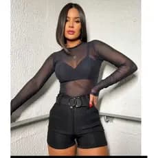 Body  manga longa transparente tule Moda Feminina/ bodi de tule