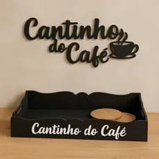 Kit Bandeja Cantinho do Café + Escrita Decorativa + Porta Xícaras Chá Aparador Café da Manhã Preto