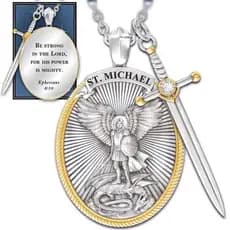 Pingente Corrente Medalha Cruz Espada São Miguel Arcanjo - Fé Escudo - Efésios 6:10 - Católico