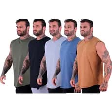 Kit 5 Regata Machão Longline MXD Conceito Sem Estampa Fitness Casual Treino Musculação Preto Azul