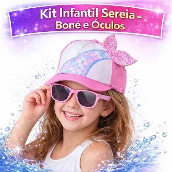 Boné e Óculos Infantil Sereia Rosa Menina Proteção Sol Moda Praia Verão